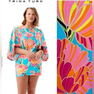 TRINA TURK POPPY KIMONO SWIM TUNIC DRESS blue pink size L ( M runs small)